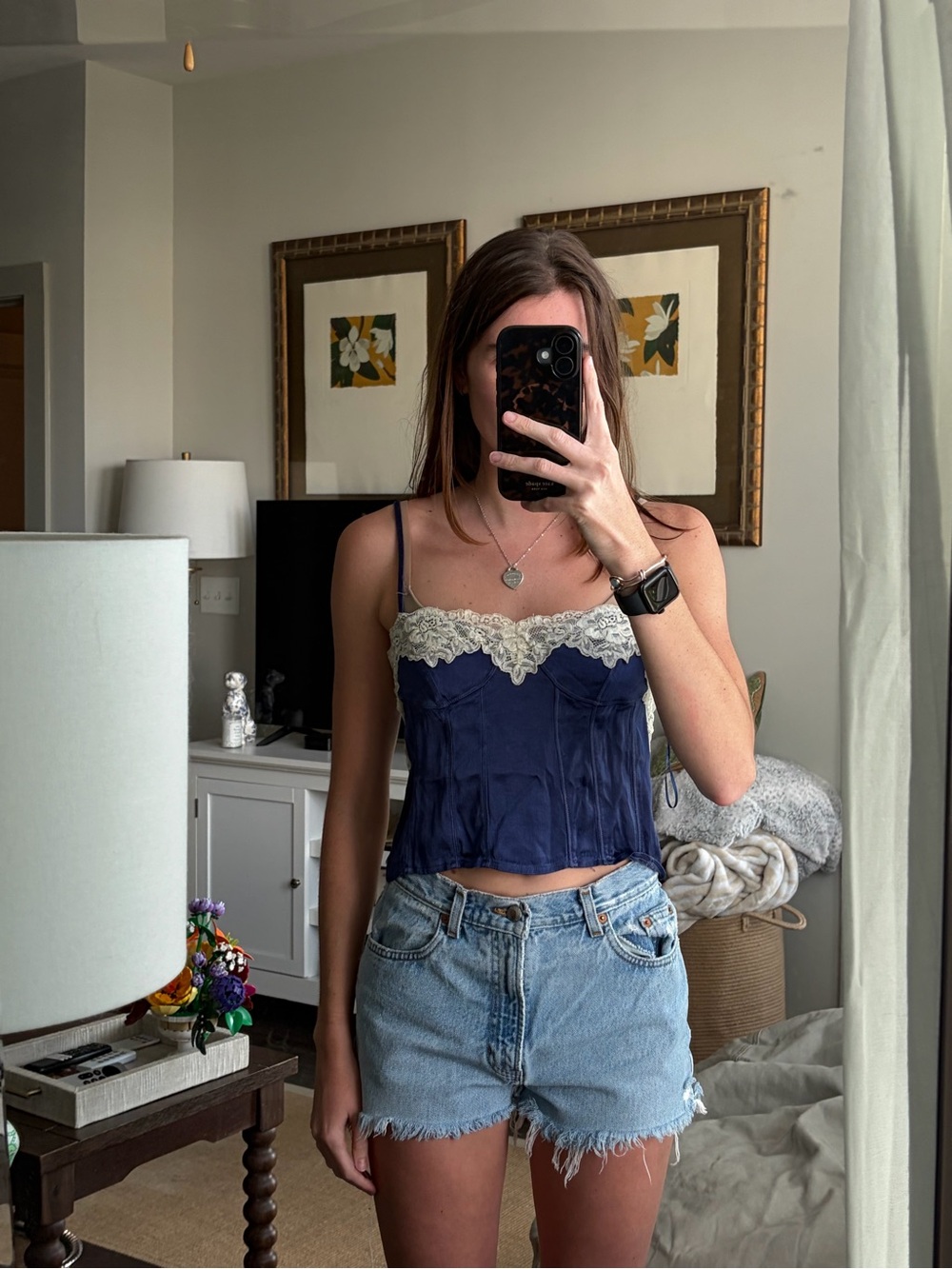 Navy Lace-Trim Satin Cami